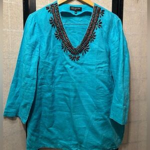 JONES NEW YORK 100% Linen Aqua Wooden Beaded V-Neck Top